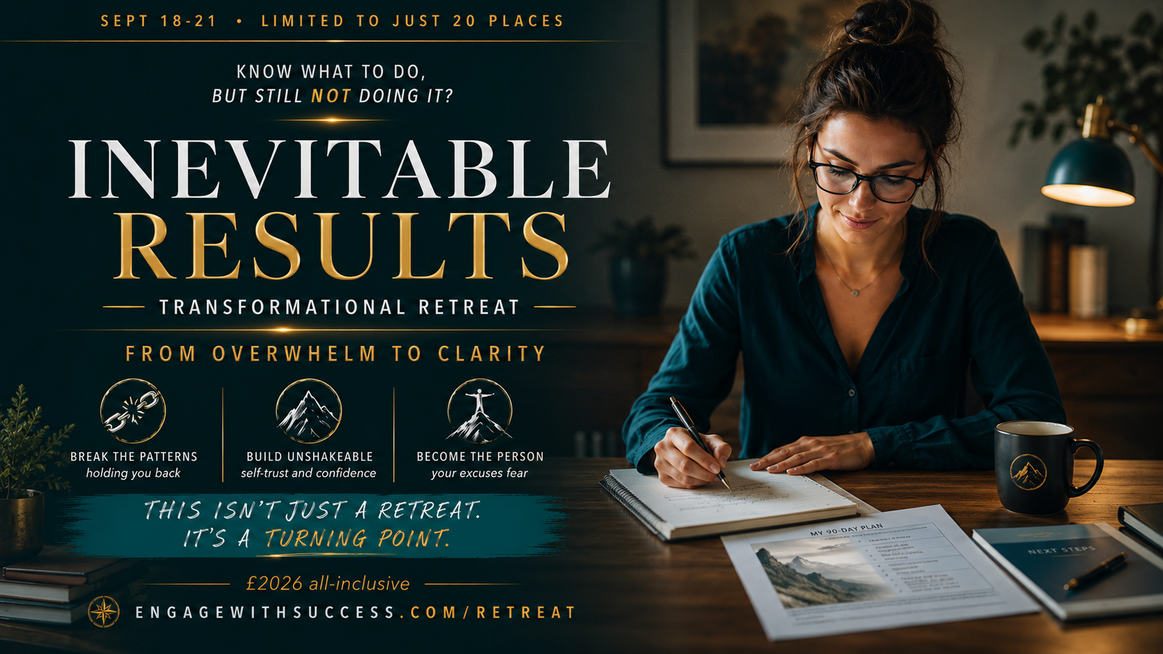 Inevitable Results Transformational Retreat You know you are capable of more. So why are you still not moving forward? Perhaps you have the ambition, the ideas and even a clear sense of what you want. Yet progress remains frustratingly slow. You hesitate over decisions. Lose momentum. Return to familiar habits. Or remain constantly busy without moving any closer to the life you want. You know something is holding you back. You just cannot see what it is. The Inevitable Results Retreat is designed to help you uncover the hidden patterns of thought, emotion and behaviour that have been quietly shaping your choices and results. Over three immersive days at Rutland Water, you will begin to understand why you respond as you do, what repeatedly pulls you back towards the familiar and how to take meaningful action without waiting to feel completely certain or fearless. You cannot change a pattern you cannot yet see Limited to just 20 participants, the retreat creates space for personal coaching, honest conversations and the individual attention required for genuine transformation. You will learn how to regulate your inner state, strengthen your self-trust and respond differently when uncertainty, discomfort or old patterns appear. This is not temporary motivation. There is no upsell - and no next programme you will need to purchase You will learn a complete self-mastery system that you can use throughout your life. The same principles can be applied to your business, career, relationships, health and any area in which you want to create a different result. It is a lifetime skill that changes lives. Three days to make the shift - and ninety days to make it stick Your retreat includes the 90-Day Inevitable Results Challenge, with dedicated 30, 60 and 90-day implementation sessions to help you practise, strengthen and embody what you have learned. 18-21 September 2026 • Investment £2,026 • Rutland Hall Hotel & Spa Accommodation, all meals, refreshments, coaching, retreat materials and the complete 90-day implementation journey are included. If you are ready to stop waiting for courage and begin building it, join the Priority Access List. Master Yourself. Master Change. Master Life.