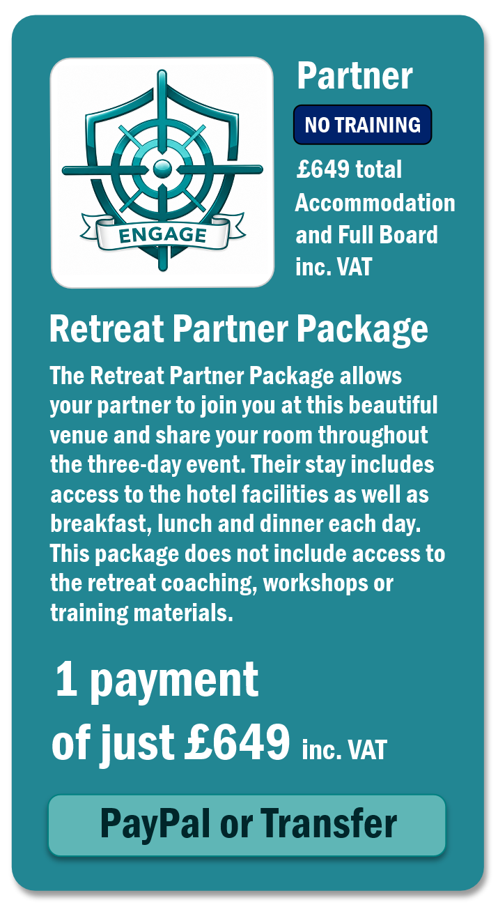 Engage with Success - Retreat Partner 2026 Inevitable Results Transformational Retreat You know you are capable of more. So why are you still not moving forward? Perhaps you have the ambition, the ideas and even a clear sense of what you want. Yet progress remains frustratingly slow. You hesitate over decisions. Lose momentum. Return to familiar habits. Or remain constantly busy without moving any closer to the life you want. You know something is holding you back. You just cannot see what it is. The Inevitable Results Retreat is designed to help you uncover the hidden patterns of thought, emotion and behaviour that have been quietly shaping your choices and results. Over three immersive days at Rutland Water, you will begin to understand why you respond as you do, what repeatedly pulls you back towards the familiar and how to take meaningful action without waiting to feel completely certain or fearless. You cannot change a pattern you cannot yet see Limited to just 20 participants, the retreat creates space for personal coaching, honest conversations and the individual attention required for genuine transformation. You will learn how to regulate your inner state, strengthen your self-trust and respond differently when uncertainty, discomfort or old patterns appear. This is not temporary motivation. There is no upsell - and no next programme you will need to purchase You will learn a complete self-mastery system that you can use throughout your life. The same principles can be applied to your business, career, relationships, health and any area in which you want to create a different result. It is a lifetime skill that changes lives. Three days to make the shift - and ninety days to make it stick Your retreat includes the 90-Day Inevitable Results Challenge, with dedicated 30, 60 and 90-day implementation sessions to help you practise, strengthen and embody what you have learned. 18-21 September 2026 • Investment £2,026 • Rutland Hall Hotel & Spa Accommodation, all meals, refreshments, coaching, retreat materials and the complete 90-day implementation journey are included. If you are ready to stop waiting for courage and begin building it, join the Priority Access List. Master Yourself. Master Change. Master Life.